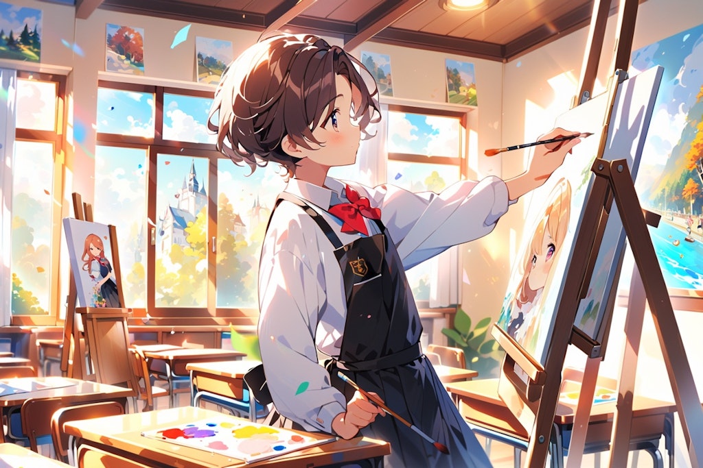 A boy who draws pictures as an after-school extracurricular activity in the classroom.