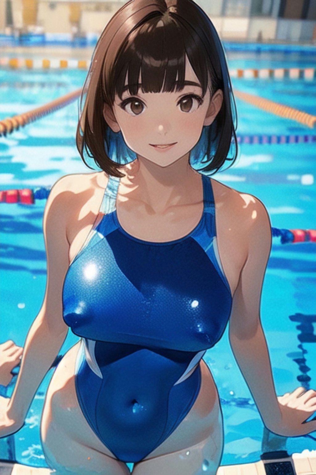 プールと競泳水着と女子高校生と