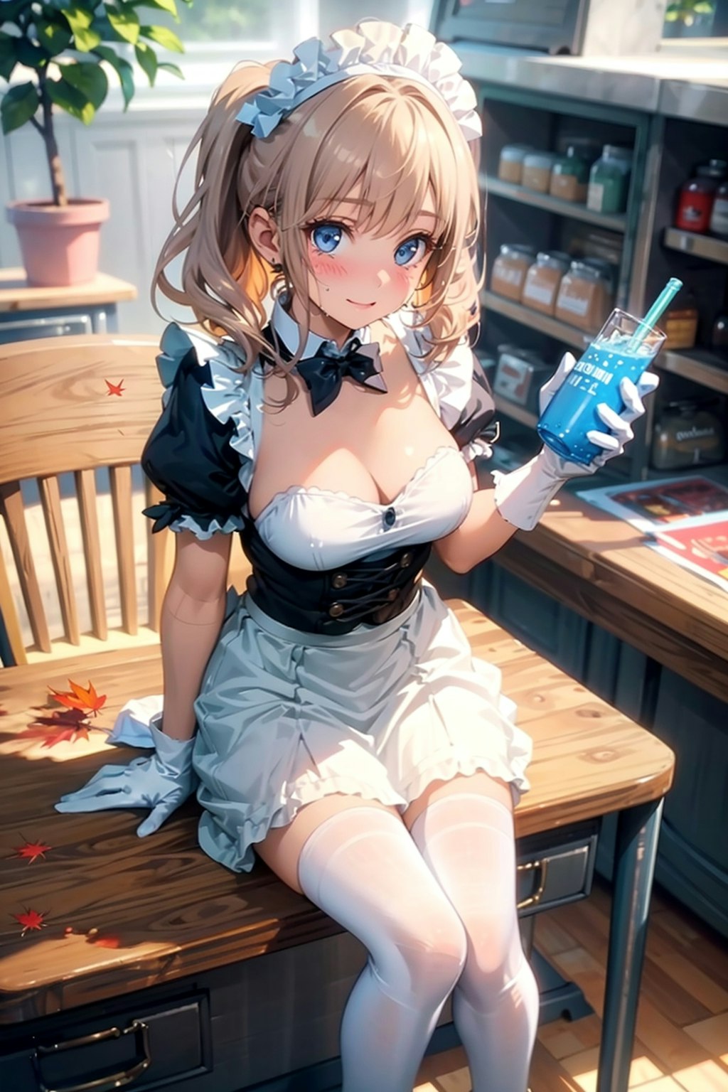 水分補給中のメイドさん