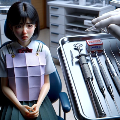 麻酔の注射などの治療の器具を見て怯える女子高生