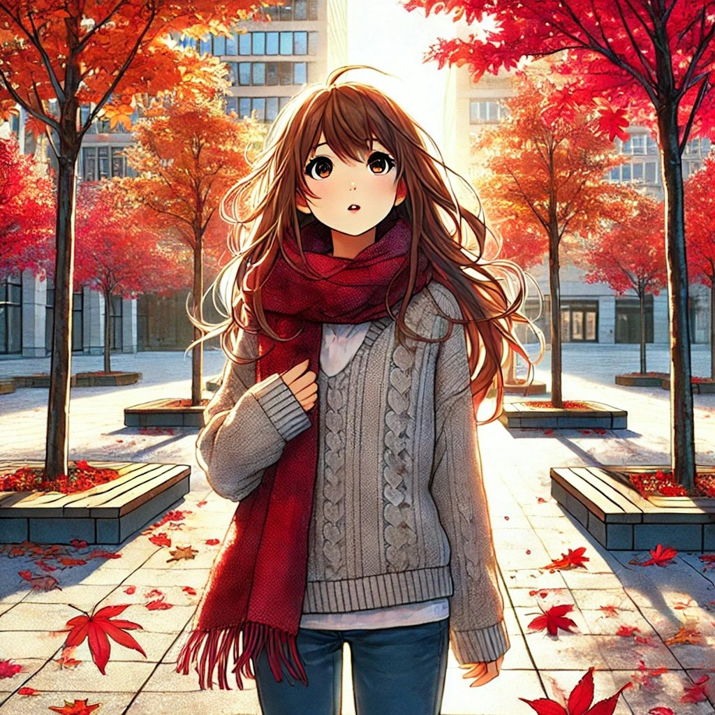 公園で紅葉を見とれた女性