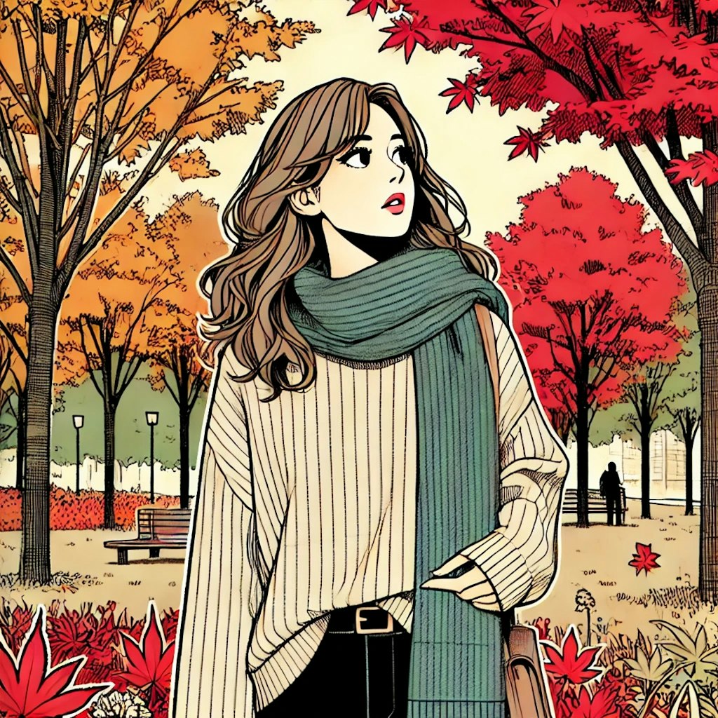 公園で紅葉を見とれた女性