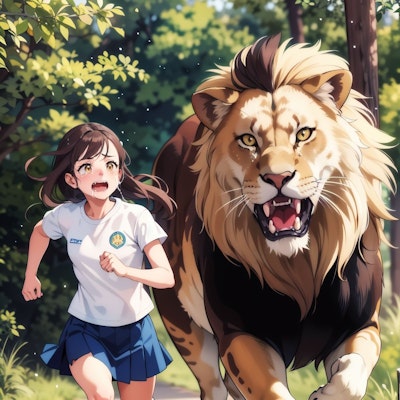 ライオンから逃げる女の子