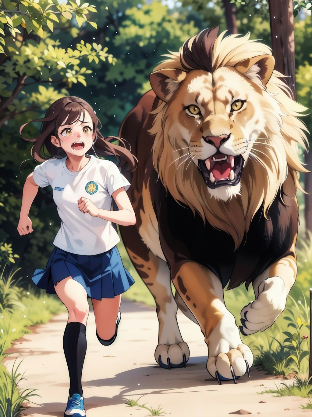 ライオンから逃げる女の子