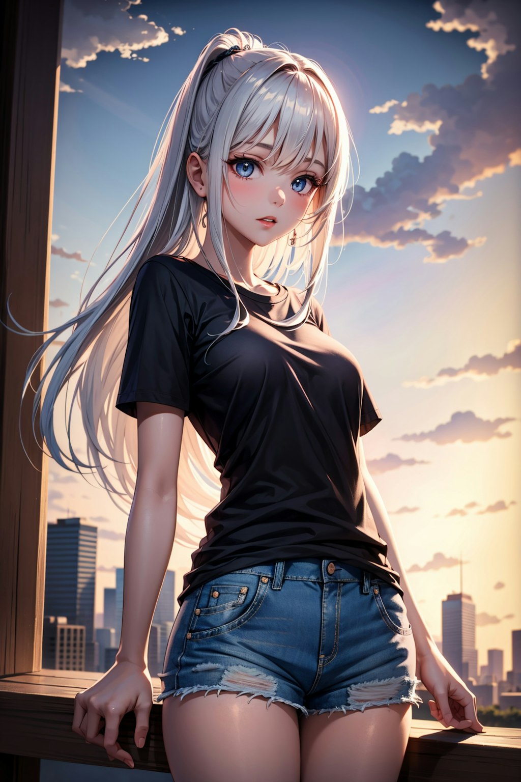 黒Ｔに短パンデニムのお姉さん２