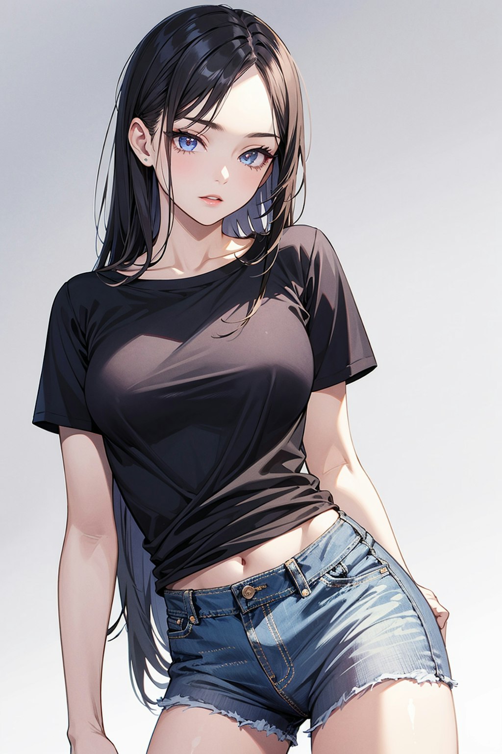 黒Ｔに短パンデニムのお姉さん２