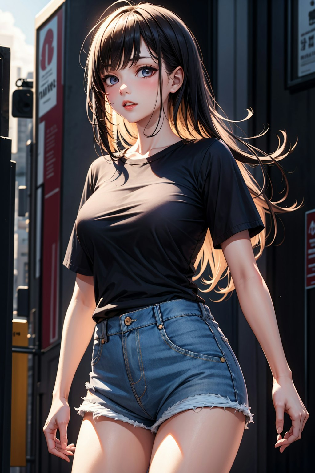 黒Ｔに短パンデニムのお姉さん２