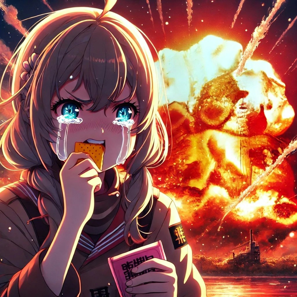 爆発する背景の中で泣きながらクラッカーを食べる女の子