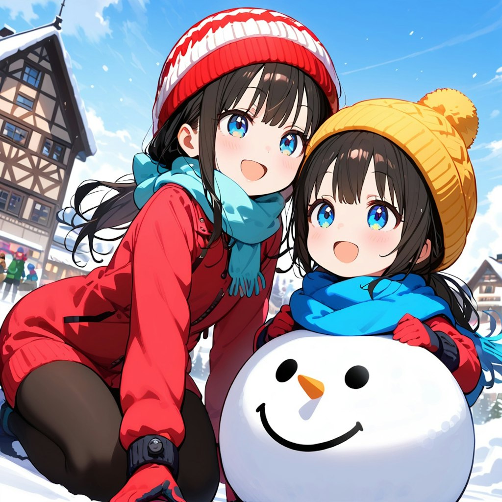 雪だるまを作っている小さな女の子