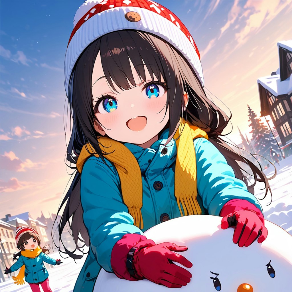 雪だるまを作っている小さな女の子