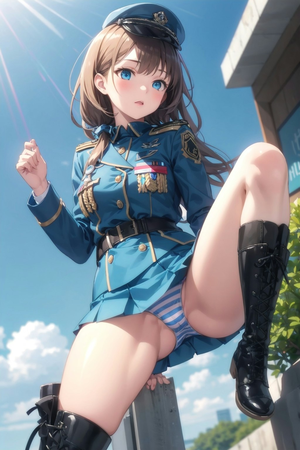 青空と軍服縞パン少女