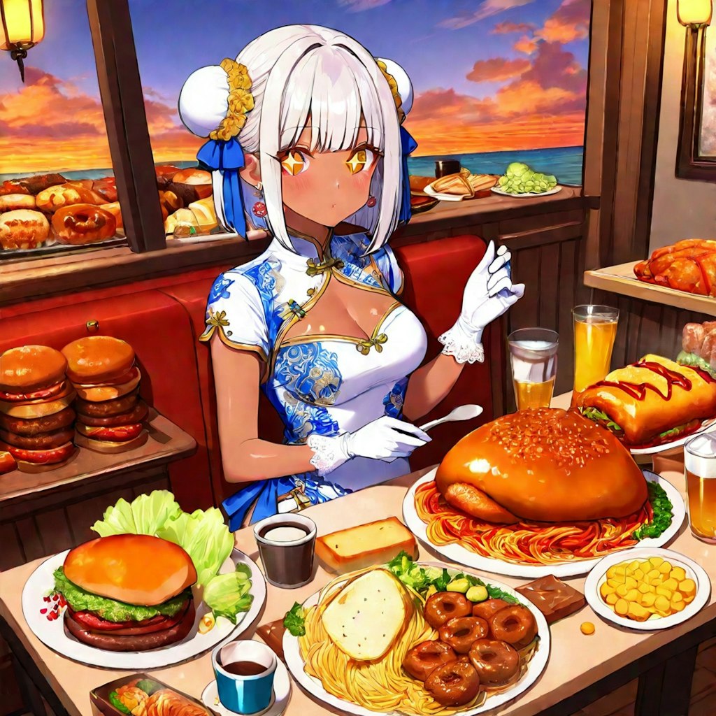 Dark-skinned anime girl cooking food