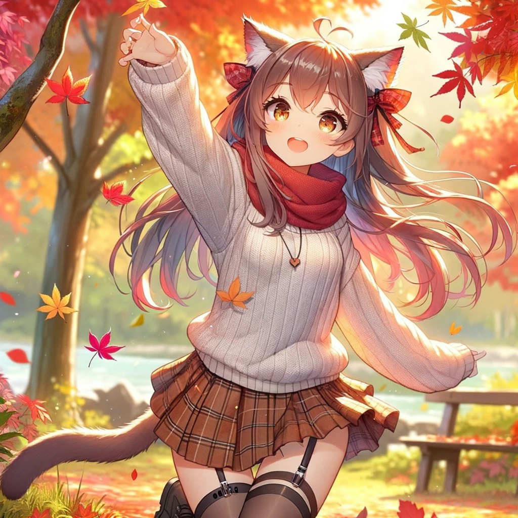 紅葉を楽しむ猫耳美少女