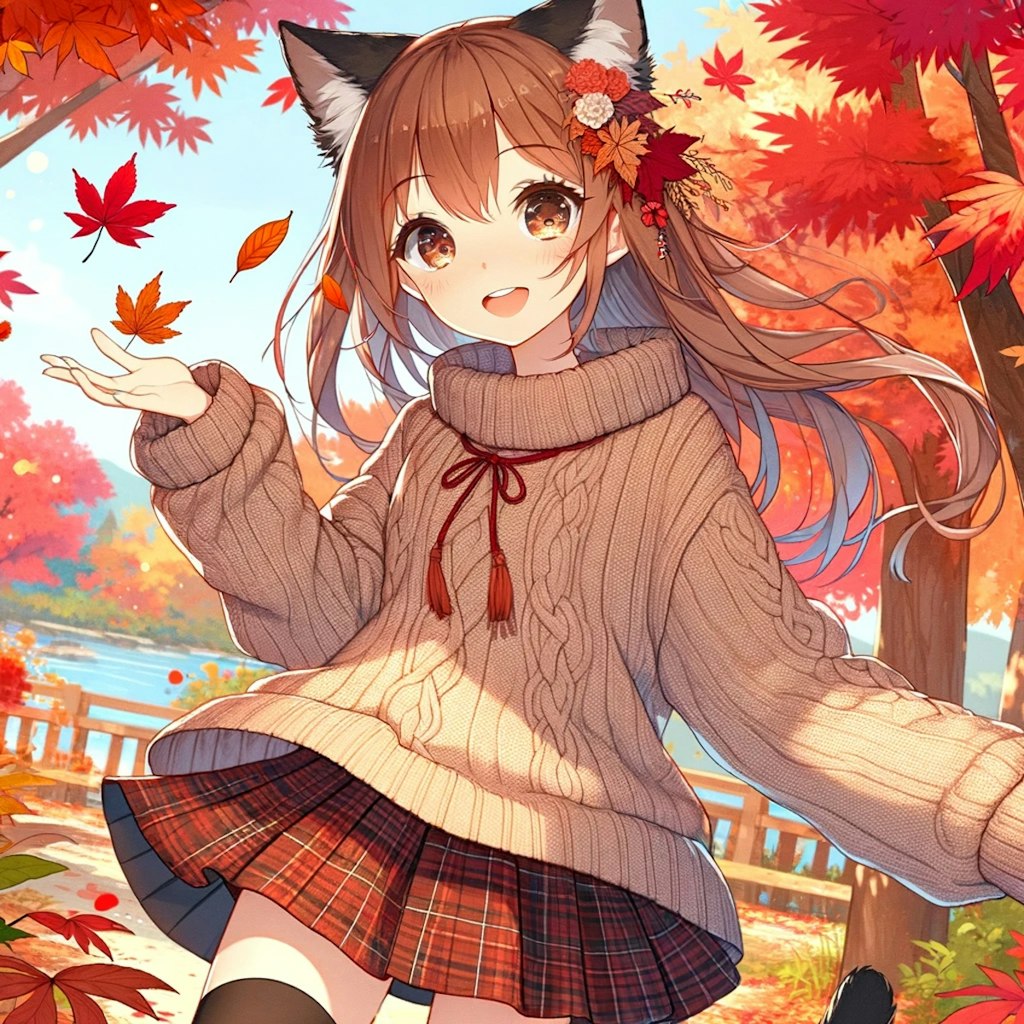 紅葉を楽しむ猫耳美少女