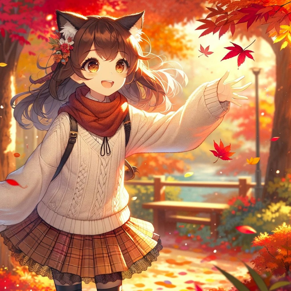 紅葉を楽しむ猫耳美少女