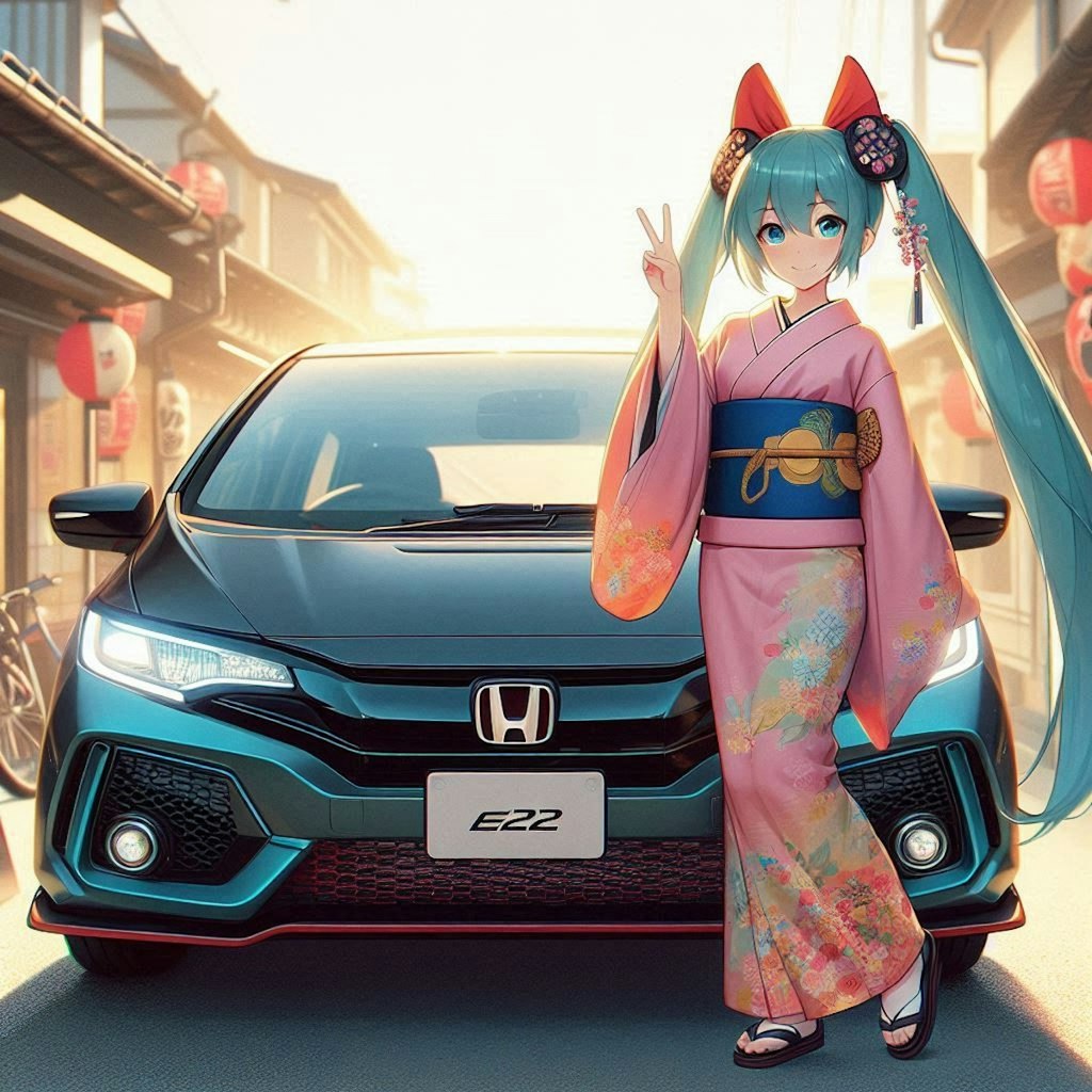 ホンダフィットと着物姿初音ミク