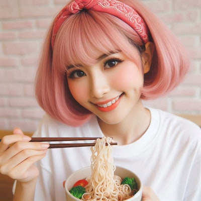 謎のピンク髪女性、海鮮麺を食らう