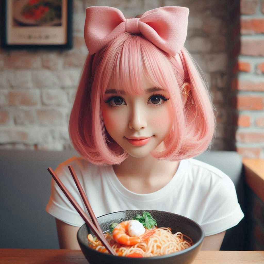 謎のピンク髪女性、海鮮麺を食らう
