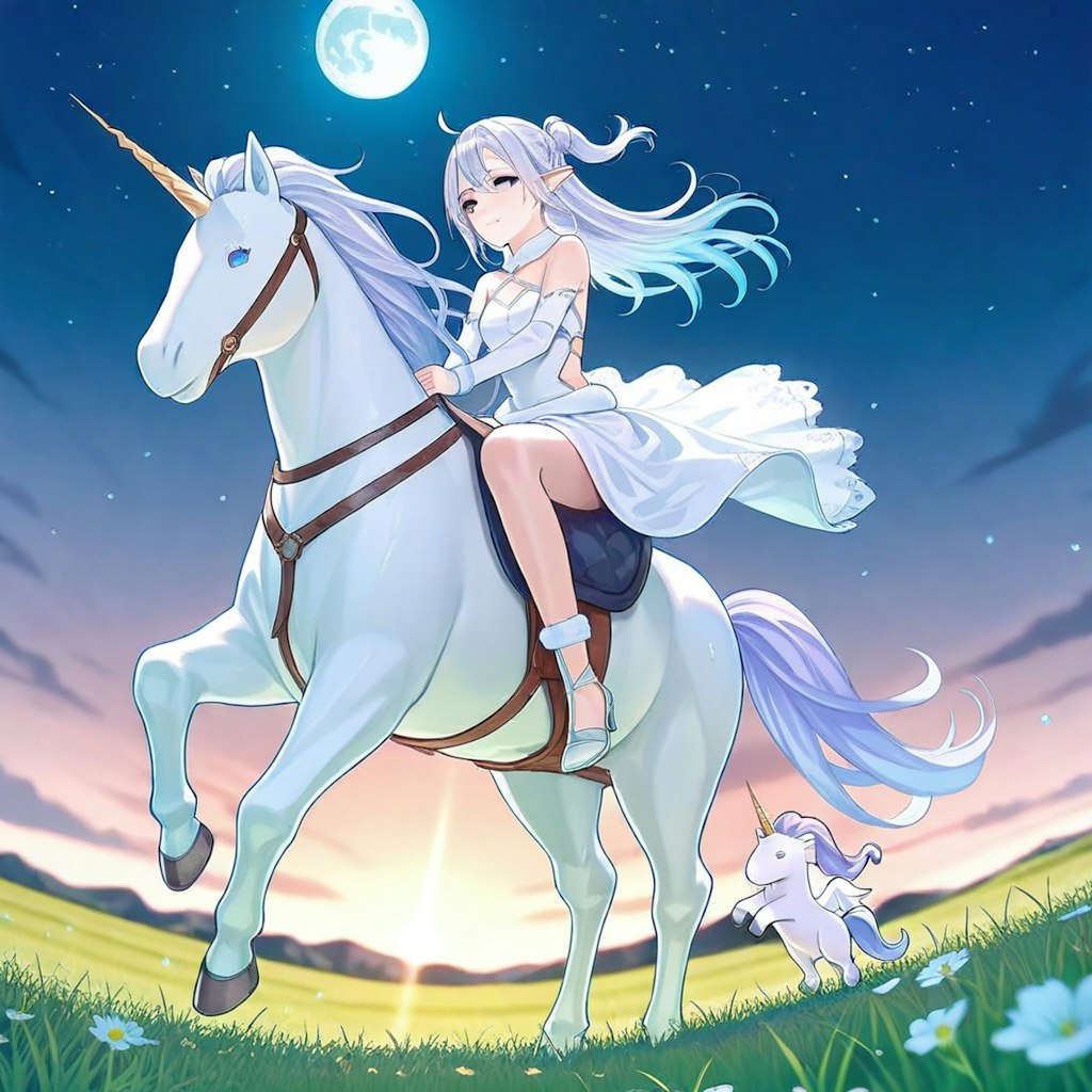 月夜の幻想草原を駆けるエルフとユニコーン