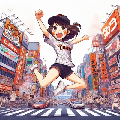 【38年ぶり、阪神日本一】道頓堀に飛び込む阪神タイガース ファンの女の子【DALL-E3】