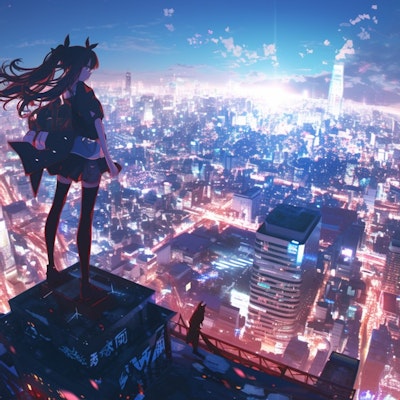 Rin Tohsaka in the Tokyo City Lights. (Anime touch)