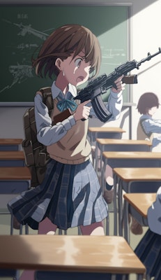 教室にて迎撃体制　アサルトライフルを持った女子学生