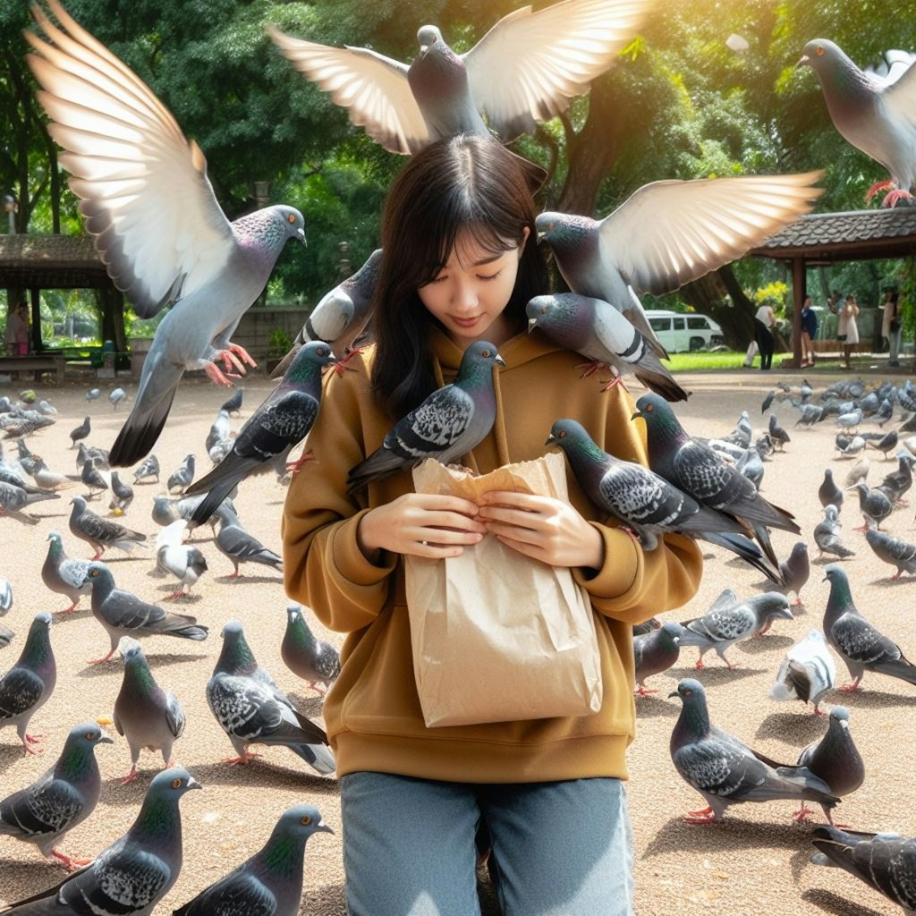 ハトに餌やりをする女性