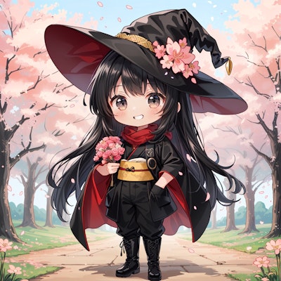 桜と花束を持つ魔女デフォルメ版