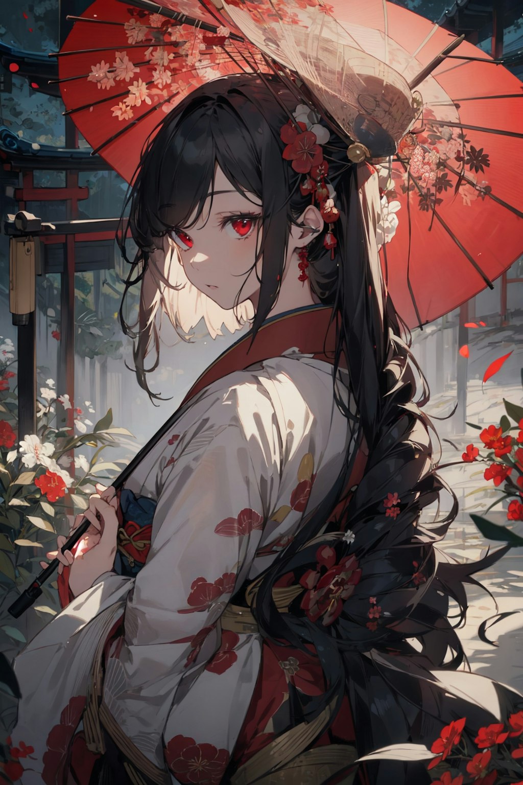 和傘と着物の少女