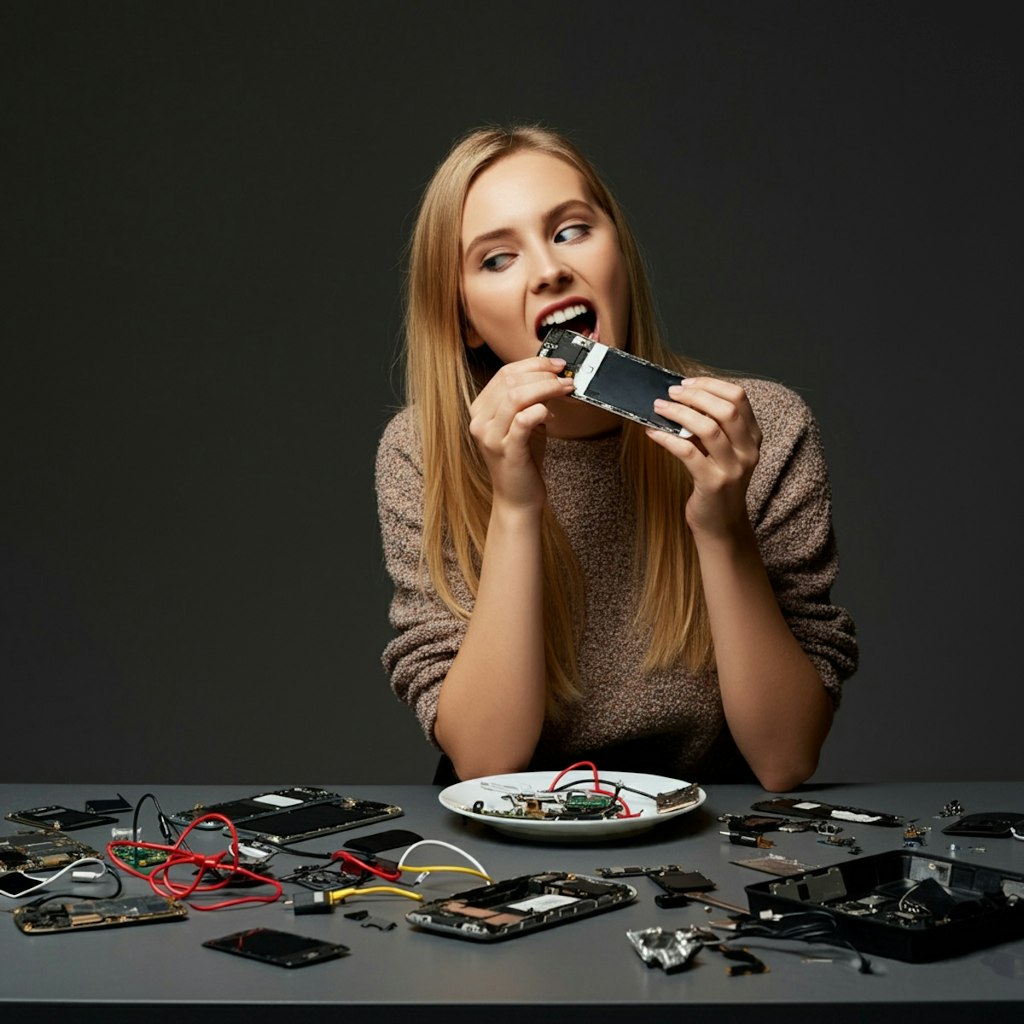 スマートフォンを食べる女性