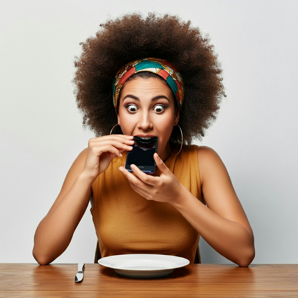 スマートフォンを食べる女性