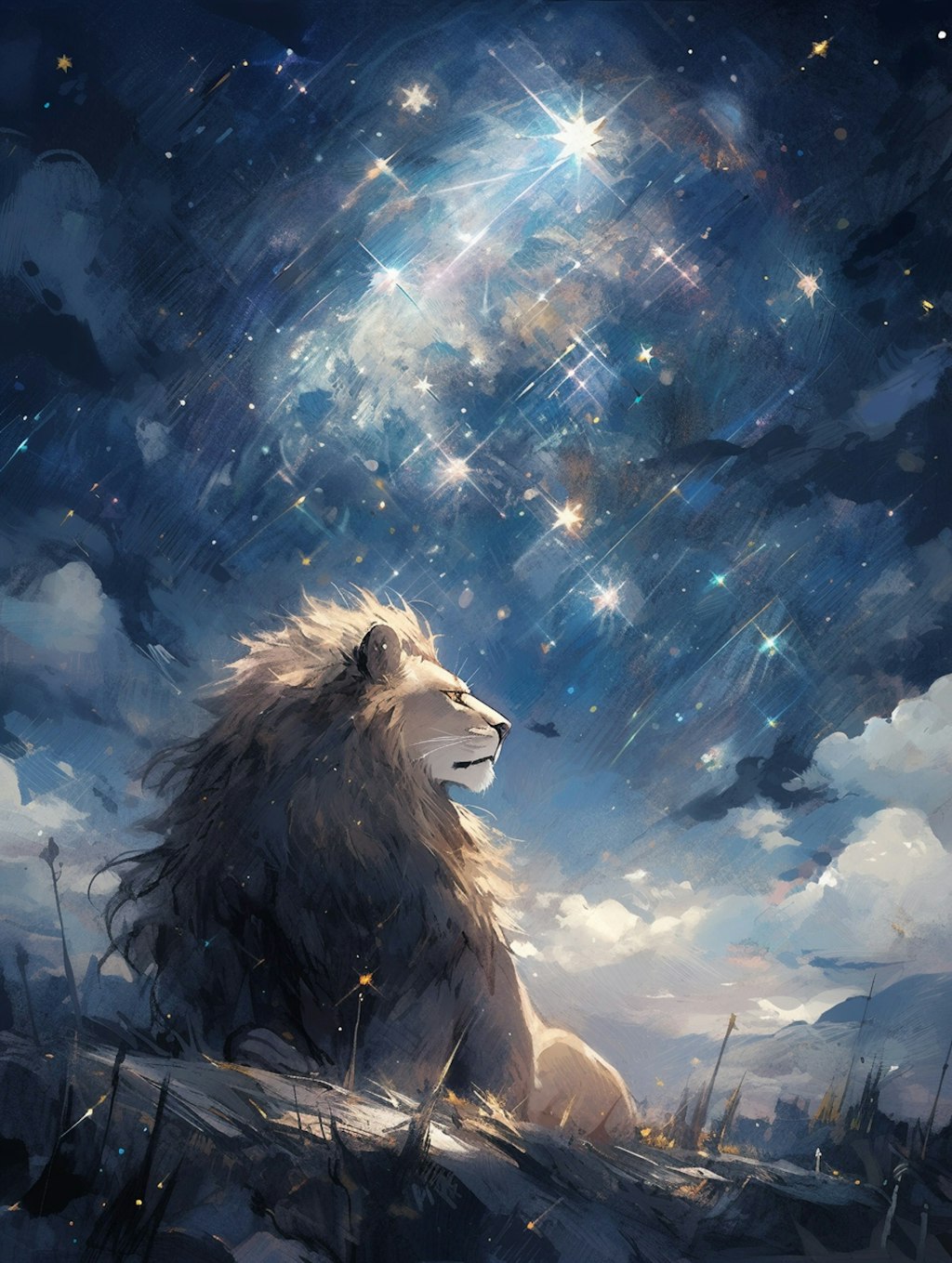星空を眺めるライオン