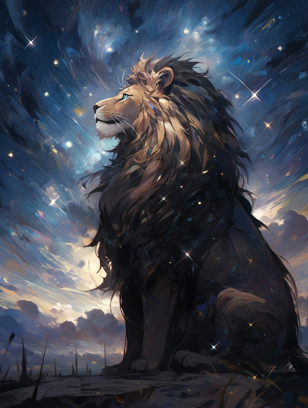 星空を眺めるライオン