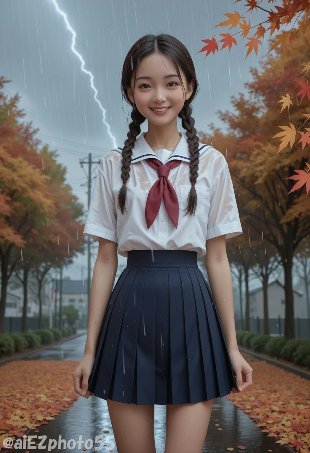 突然の　雷雨の中で　紅葉狩り3