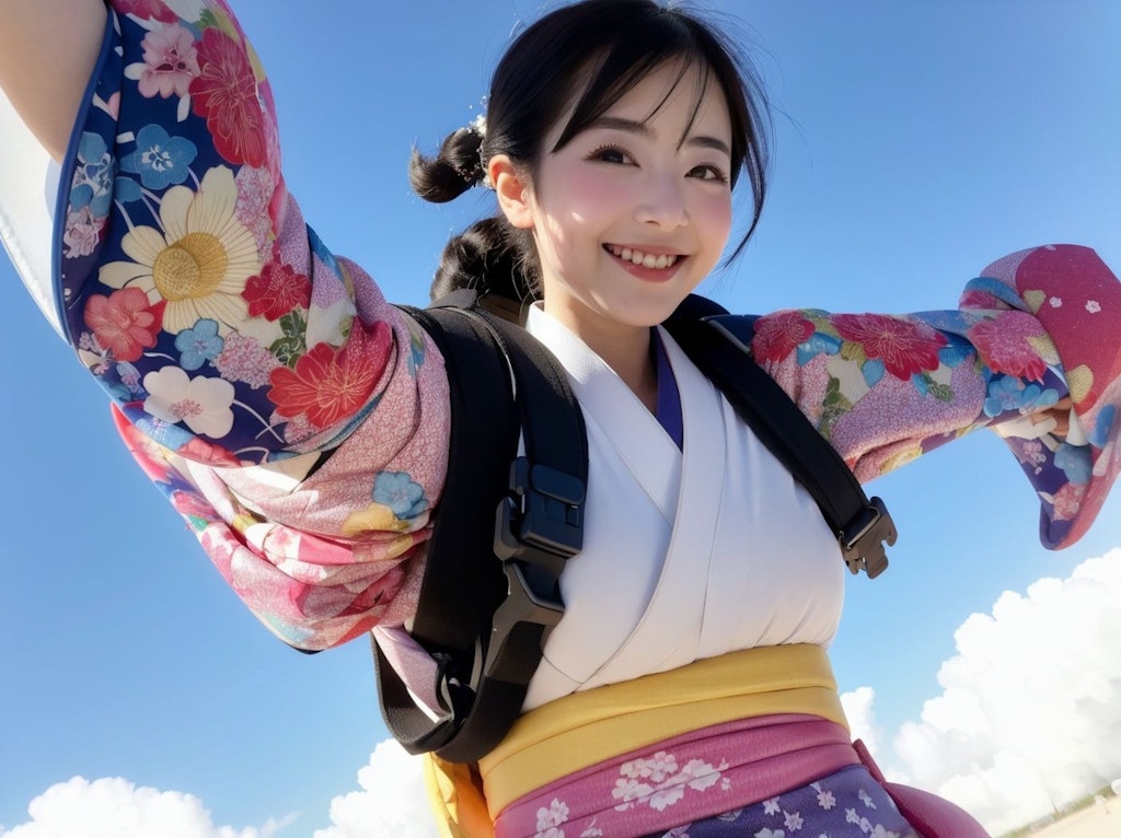 美女が着物でスカイダイビング