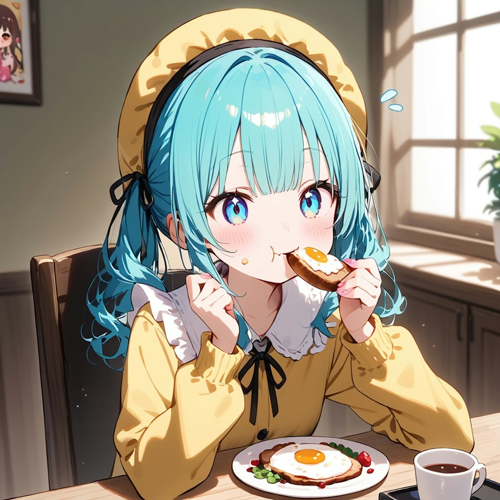 kawaii girl is eating breakfast.