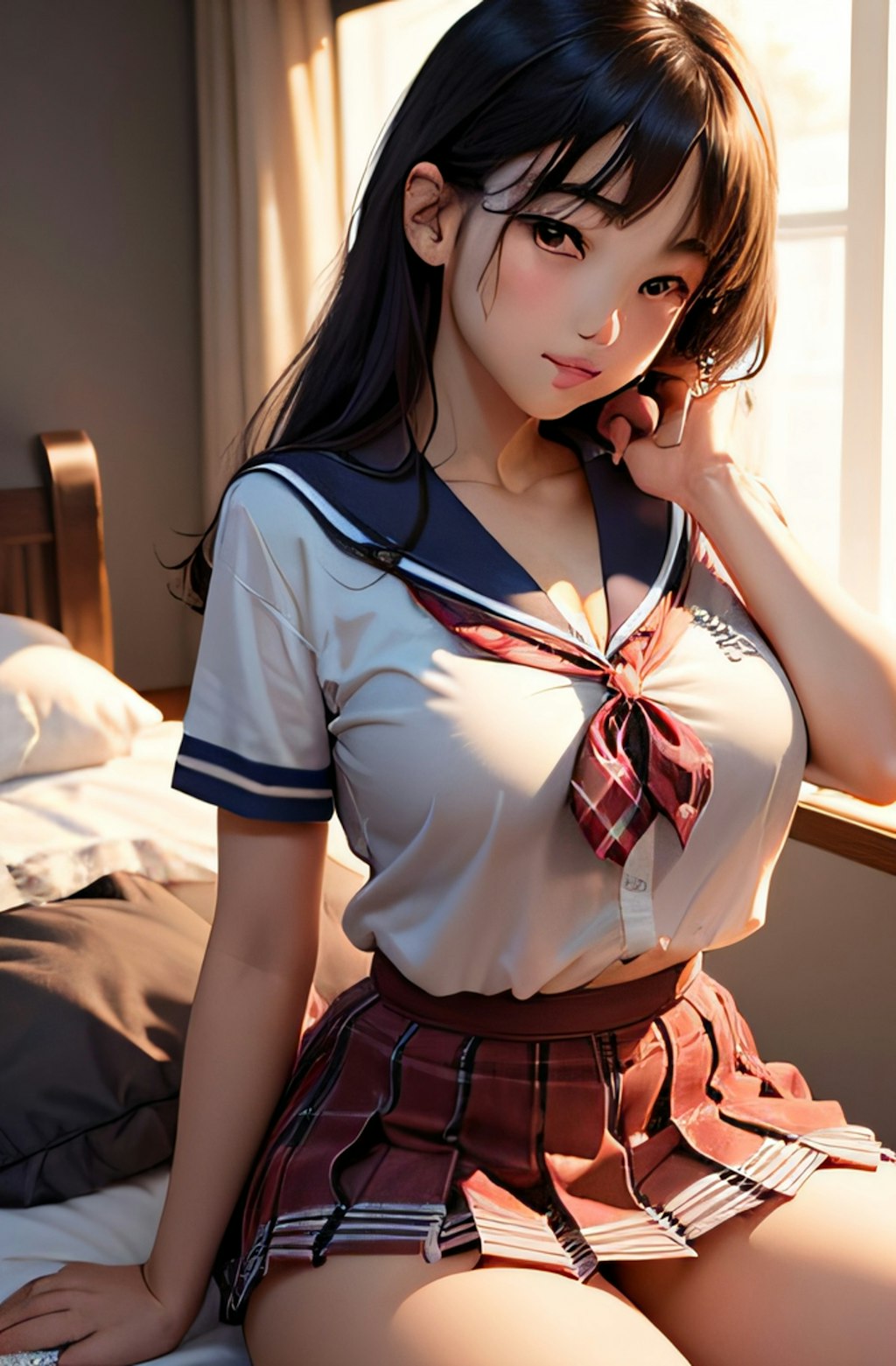 事後に髪の乱れを気にするJKコスプレ女