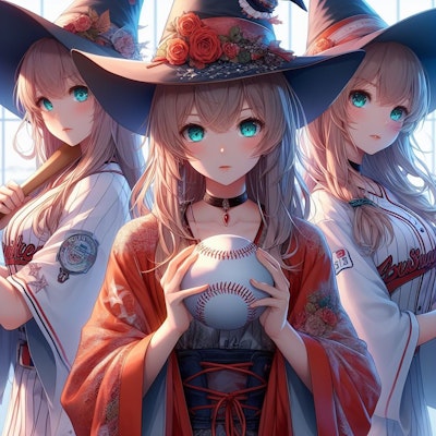 野球ユニフォーム柄の和服着ている三つ子の魔女