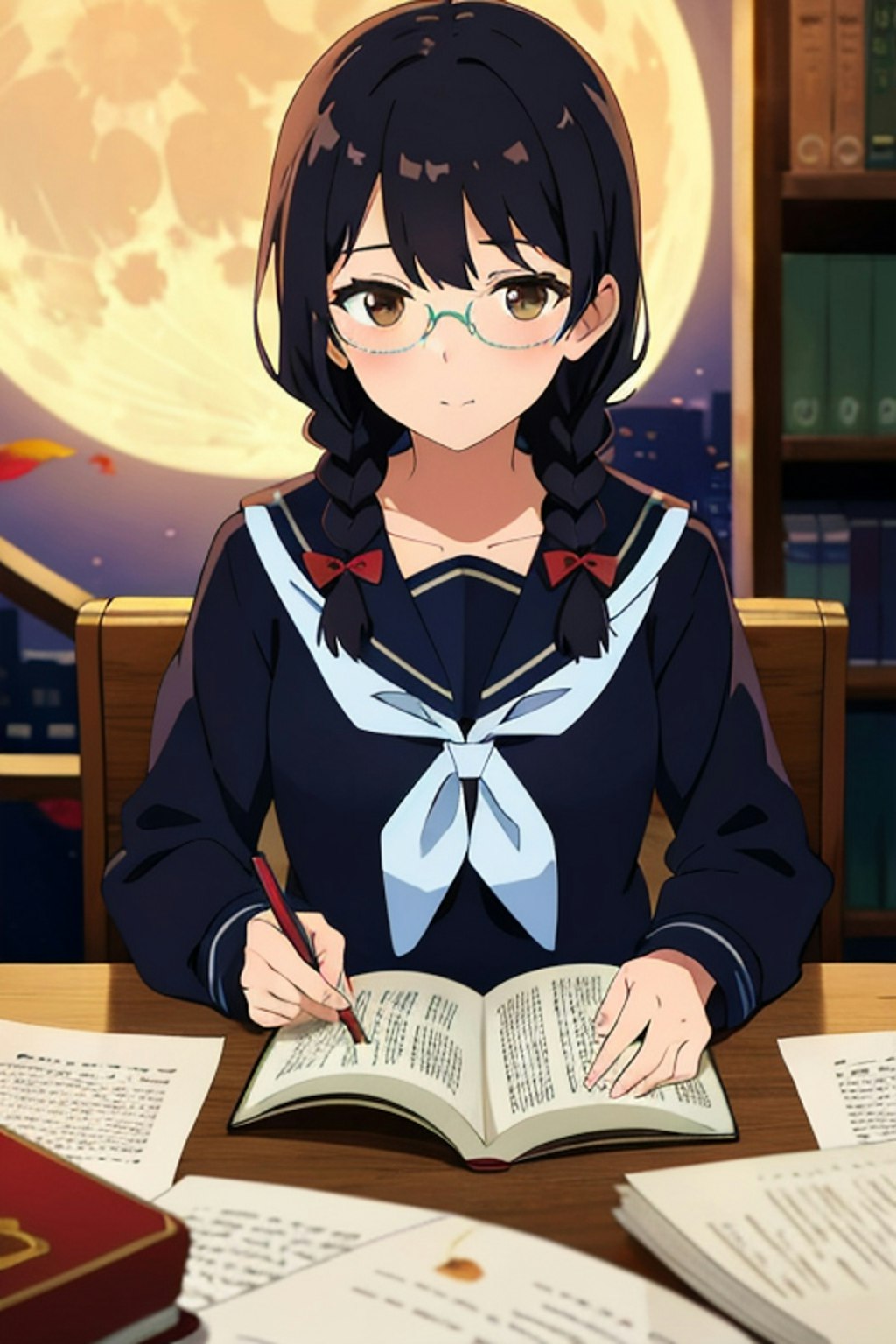 三つ編み少女の読書