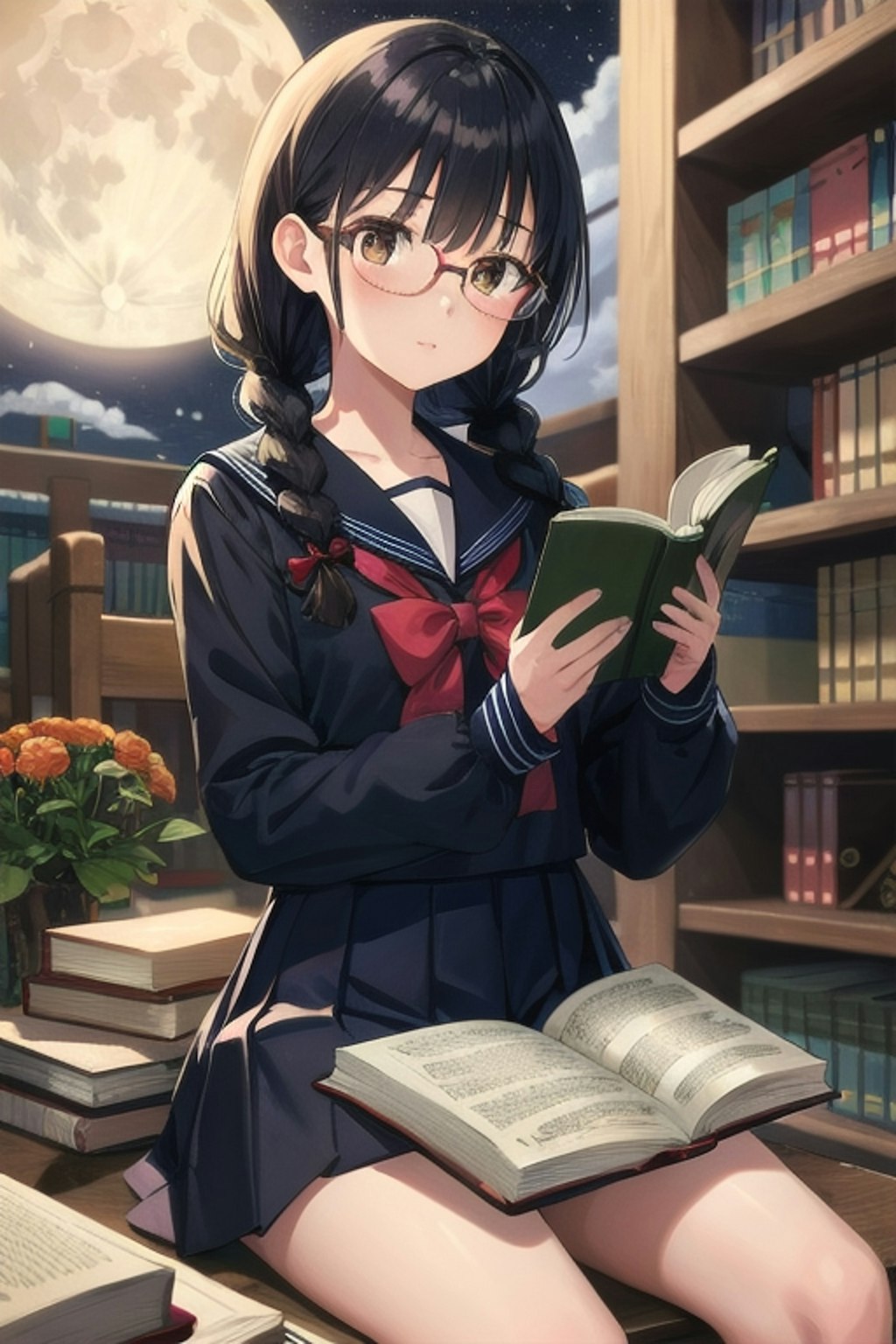 三つ編み少女の読書