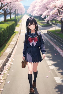 桜の下を歩くセーラー服の少女