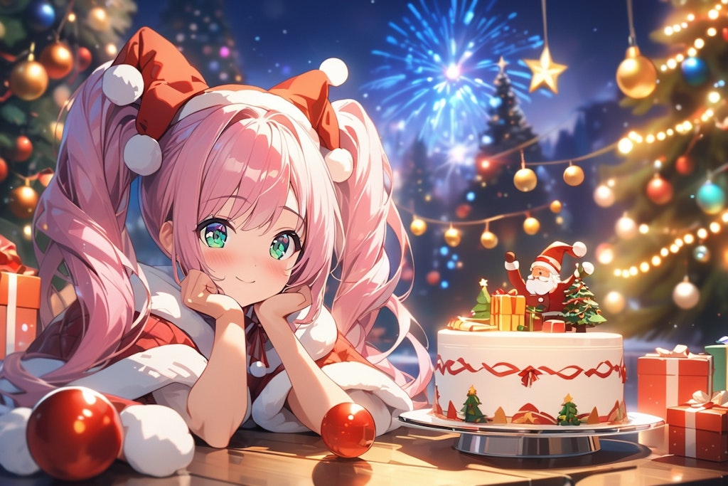 クリスマス、ピンク髪ツイテール