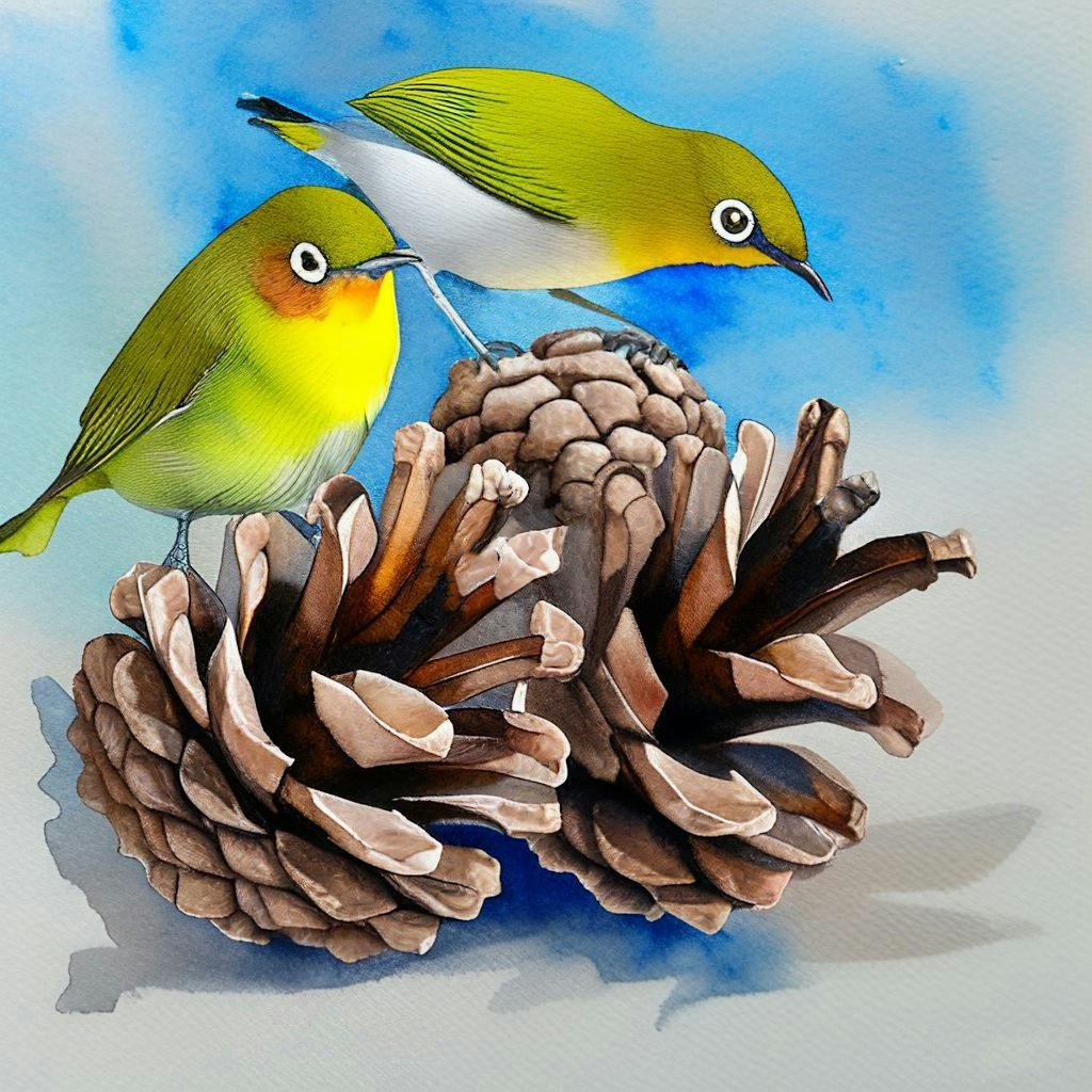 White-eyes in pinecones