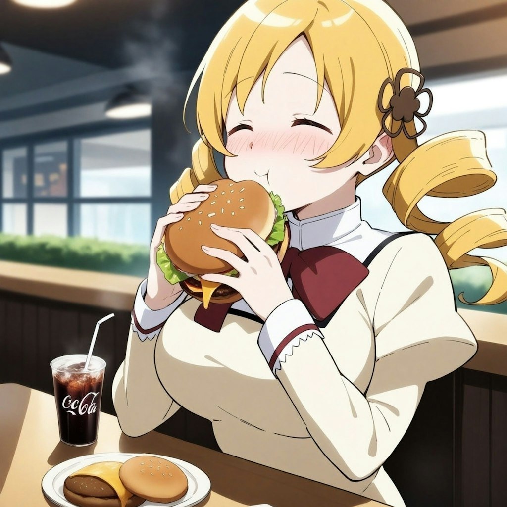 ハンバーガーを食べるマミさん