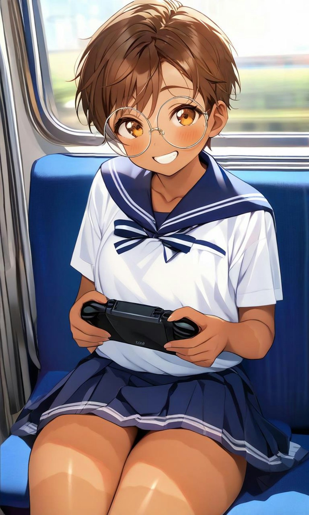 電車内ではゲームをする眼鏡っ娘