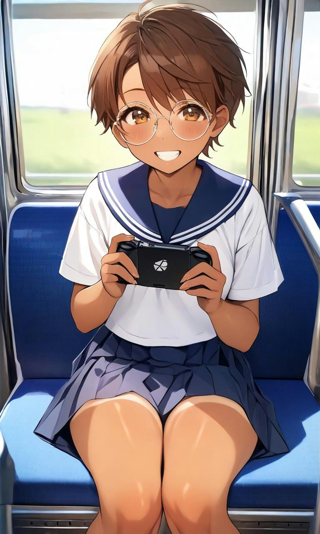 電車内ではゲームをする眼鏡っ娘