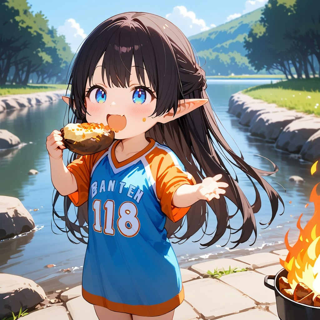 河原でお芋を焼いたエルフの小さな女の子