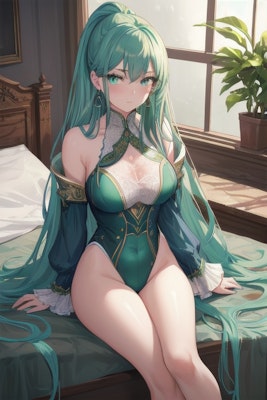 ベッドに佇む緑髪のレオタードの美女