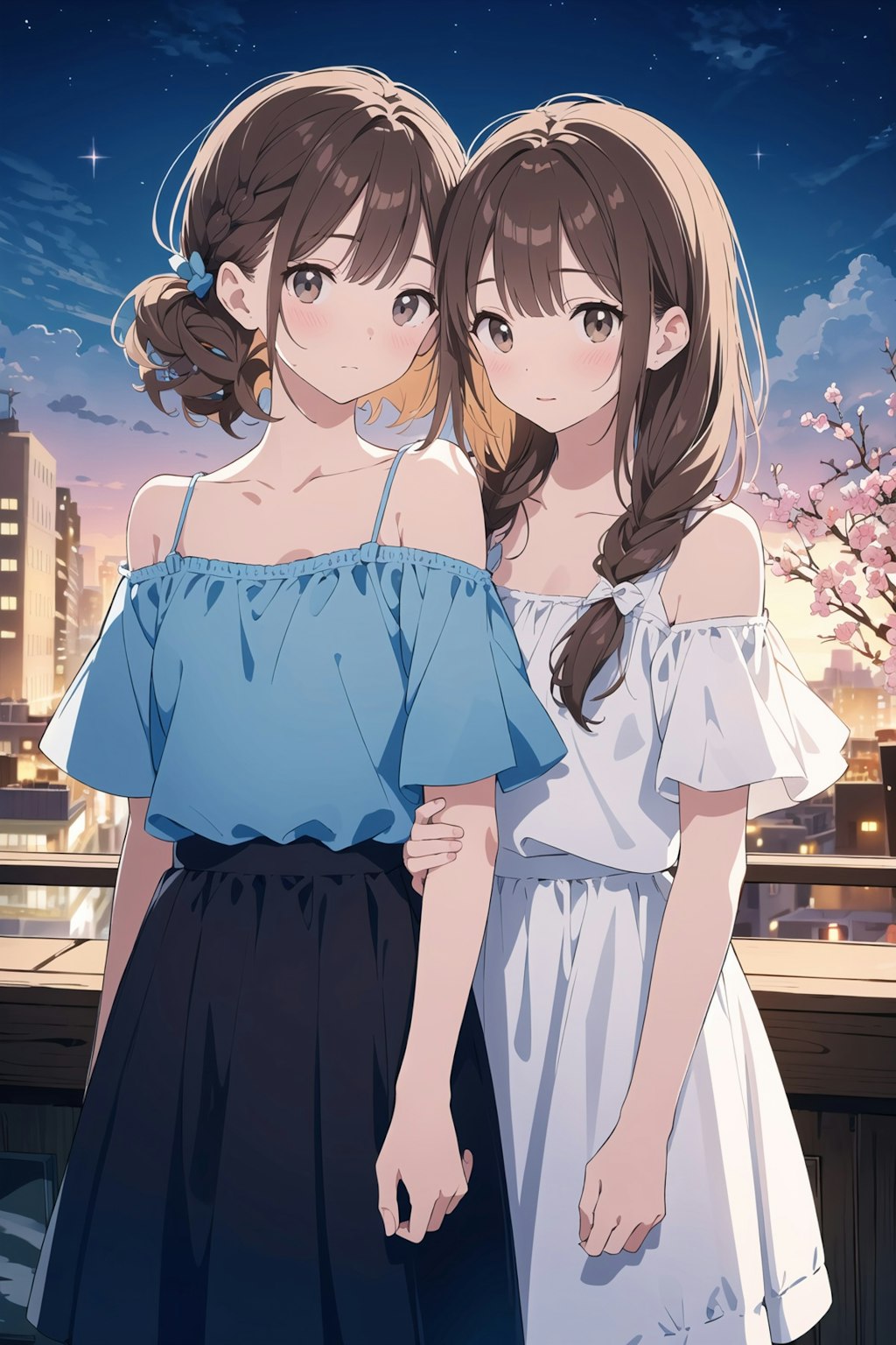 夜桜と百合の花たち