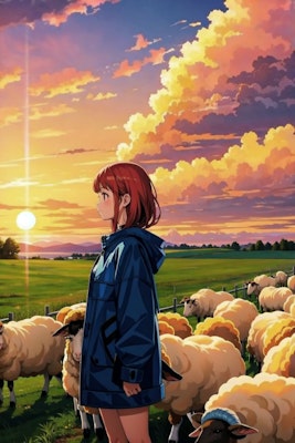秋の夕焼けと羊と少女